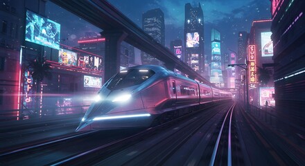 Fototapeta premium Futuristic Train Speeding Through Neon Cityscape at Night on Railroad