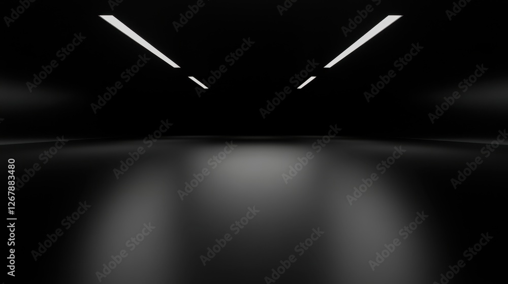 Poster abstract view of a dark, cavernous space lit by diffused light and overhead linear fixtures