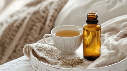 Cozy tray with herbal tea and amber glass bottle on a soft blanket. Healthy habits, healthy sleep. Sleepmaxxing, good sleep practices, sleep hygiene