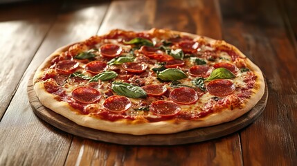 Delicious pepperoni pizza on wooden board