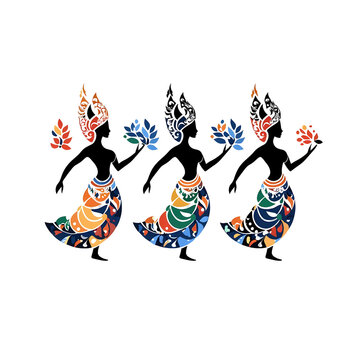 Colorful Silhouettes of Dancing Women in Vibrant Traditional Attire