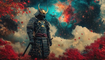 Samurai Under a Cosmic Autumn Sky