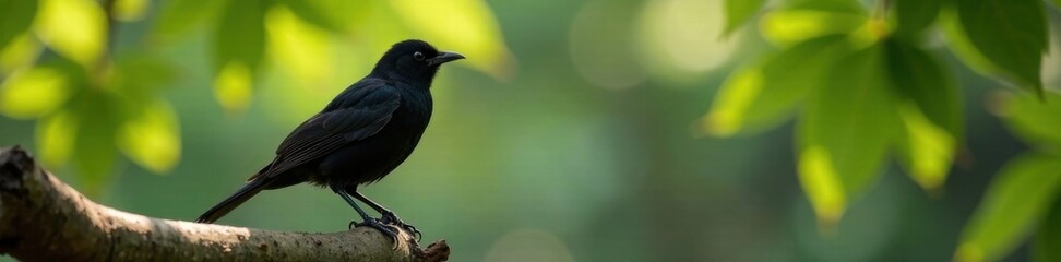 Blackbird perched on branch with bold black feathers , nature, wildlife, tree