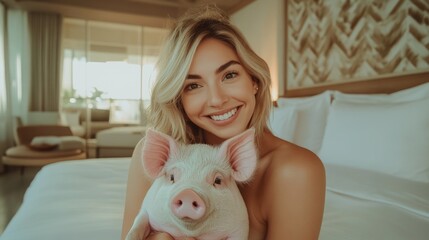 Smiling caucasian young female holding piglet in cozy bedroom setting