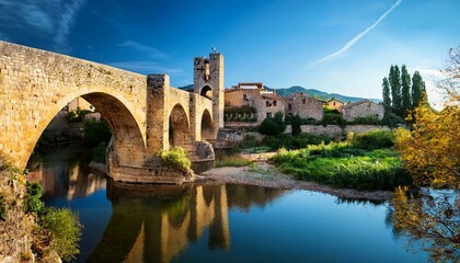 Fototapeta premium bridge over the river fluvia in the medieval village besalu province girona catalonia spain