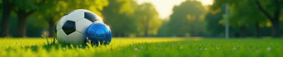 Obraz premium Blue filet with football and ballon surrounded by green grass and trees , filet, grass, ballon