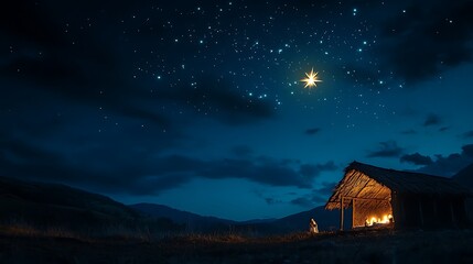 Shining star over quiet nativity scene images