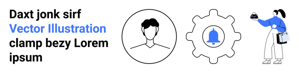 Profile avatar, gear with notification bell, and person holding data disk highlight personalization, information management, and digital notifications. Ideal for profiles, technology, alerts, UX