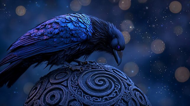 Majestic raven perched on an ornate sphere at night.