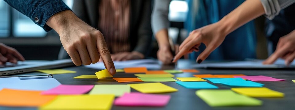 lose-up of hands pointing at post-it notes on an office table, with business people in the background engaged in discussion and brainstorming session for a new project plan or marketing strategy.