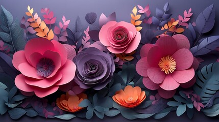 A creative floral design showcasing pink paper flowers and leaves beautifully layered on a purple backdrop