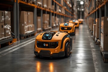 Automatic forklifts and robots move boxes efficiently in smart warehouses.  realism enhances the sense of advanced technology and efficiency. Ideal for ads, smart logistics, or Industry 4.0 articles.