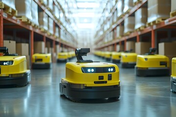 Automatic forklifts and robots move boxes efficiently in smart warehouses.  realism enhances the sense of advanced technology and efficiency. Ideal for ads, smart logistics, or Industry 4.0 articles.