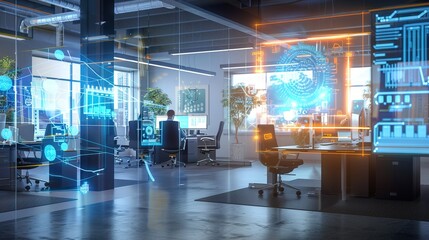 A futuristic office space with advanced workstations, holographic interfaces, and IT engineers collaborating on software development using AI-driven tools.