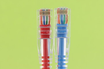 Rj45 Ethernet connector on a colored background. Close-up. 
