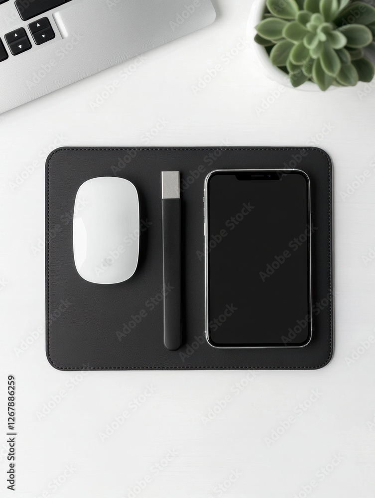 Leinwandbilder minimalist workspace flat lay featuring tech accessories on a clean desk surface in a bright environ