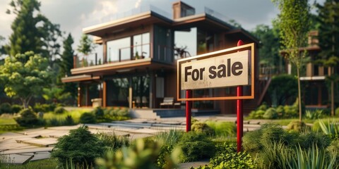 a poster, a horizontal banner for a real estate company, a wooden sign with the inscription "for sale", against the background of a modern two-storey country house, a village among greenery