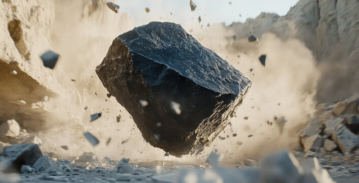 A colossal giant exerts immense force, crushing a large rock amidst flying debris at a remote quarry under sunny skies