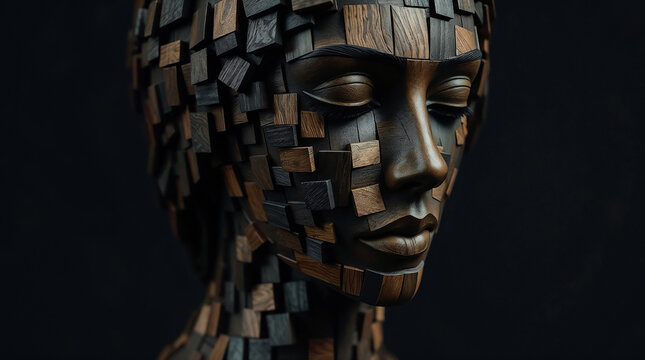 Artistic Representation of a Woman's Face as Wooden Puzzle