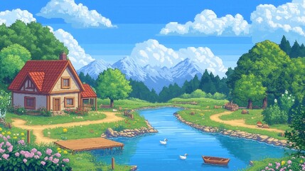 Fototapeta premium Pixel Art Tranquil Countryside Scene with House, River, Ducks, and Mountains