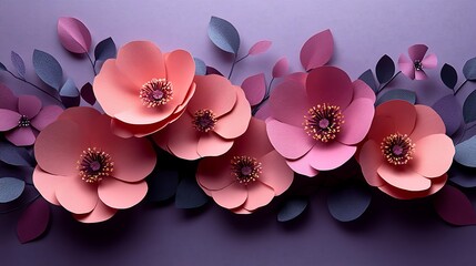 A modern floral concept with handcrafted pink paper flowers arranged on a purple background for a festive look
