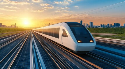 Naklejka premium Zero-carbon high-speed rail connecting sustainable cities, futuristic transportation