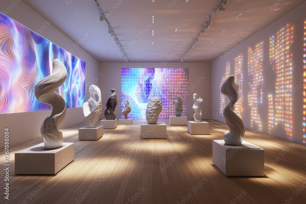 Poster a modern art gallery featuring abstract sculptures and vibrant digital displays, creating a dynamic 