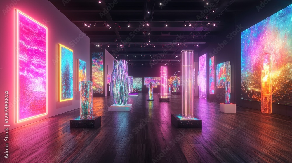 Poster a vibrant art gallery showcasing illuminated installations with colorful abstract visuals and a mode