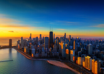 Chicago downtown from the air at sunrise 