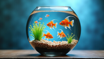 Goldfish swimming in a round fishbowl with plants and pebbles