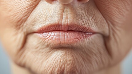Obraz premium Closeup of mature caucasian female's wrinkled skin and lips. Cosmetic and Medical Injectables. Beauty injection, Anti-Wrinkle. Menopause Skin Care