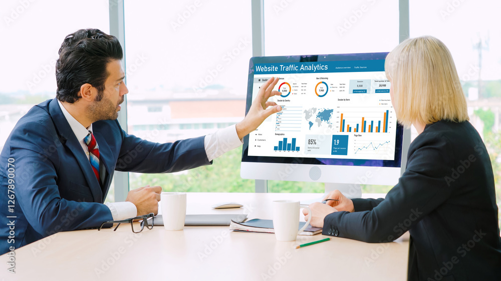 Poster computer software for website traffic analytics data on computer screen. concept of seo search engin