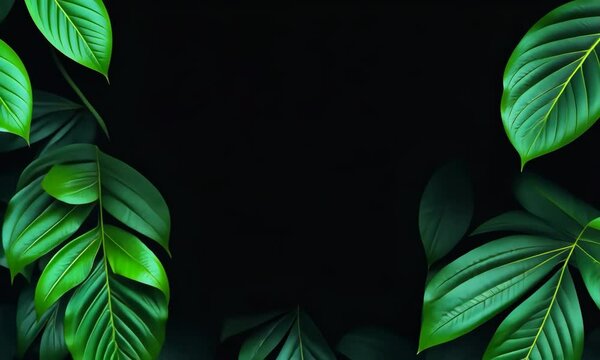 Green Leaves on Black Background with Floral Border Design, for adobe afer effect and premiere pro transition video