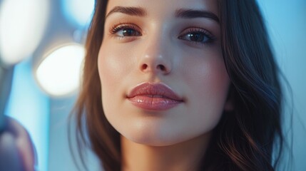 Close-up portrait of young caucasian woman with long hair and soft makeup. Cosmetic and Medical Injectables. Beauty injection, Anti-Wrinkle