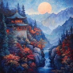Obraz premium Tranquil Mountain Landscape with Pagoda and Waterfall at Sunset