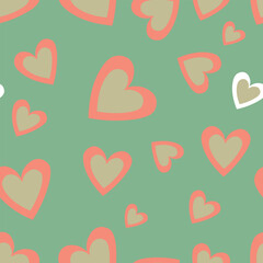 Seamless pattern with hearts. Template holiday vector illustration. Design for card, postcard, poster, print, banner. Cartoon colorful hearts on color background.