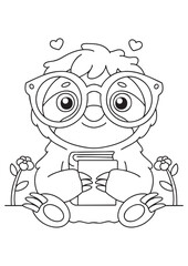 Coloring book cute sloth with glasses, ready to read. Perfect for kids and book lovers