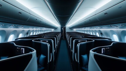 Fototapeta premium Sleek aircraft cabin showcasing ambient blue lighting wallpapers