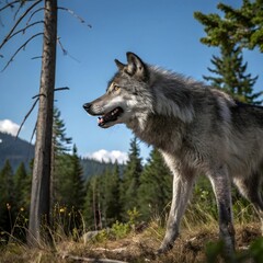 Obraz premium Majestic Jungle Wolf Roaming Through Dense Greenery with Fierce Eyes and a Wild, Mysterious Presence