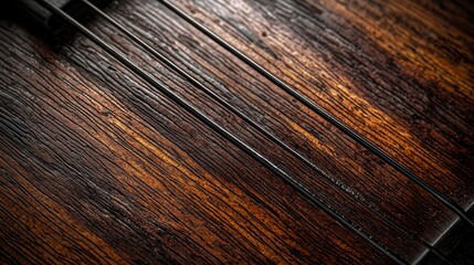 Fototapeta premium Close-up of aged wooden banjo top with strings
