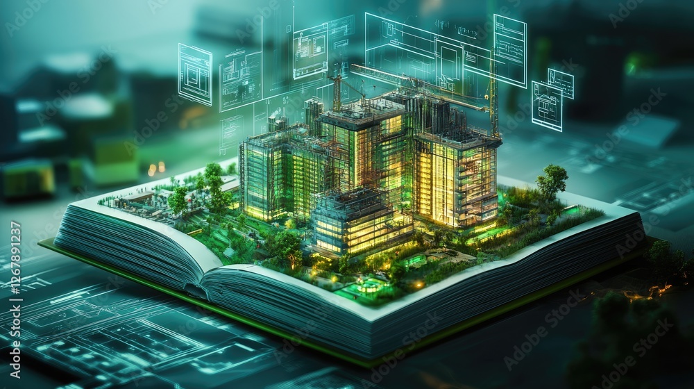 Poster futuristic open book glowing with vibrant light, revealing an advanced construction site where auton