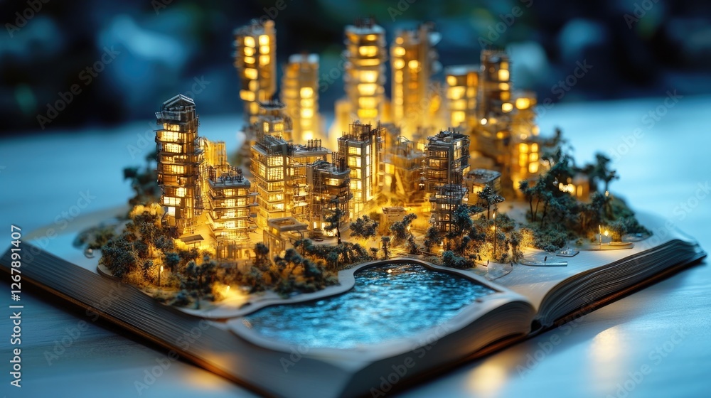 Poster glowing book projects a hyper-modern city under construction, with smart robots assembling structure