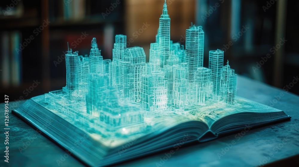 Poster glowing book projects a hyper-modern city under construction, with smart robots assembling structure