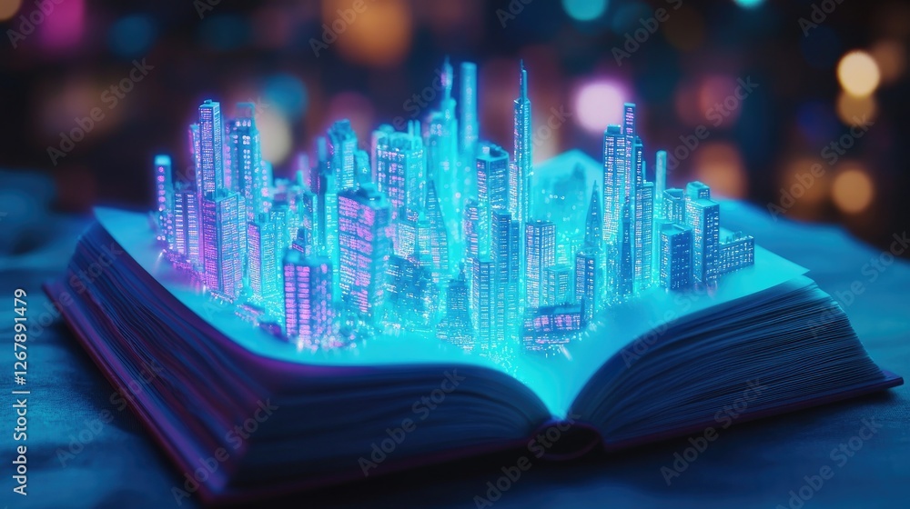 Poster glowing book projects a hyper-modern city under construction, with smart robots assembling structure