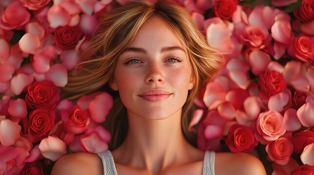 Woman Lying in a Bed of Roses Valentine's Day Background Fashion Photography Red White Pink Dress Beautiful Artistic Wallpaper Background Image Photo