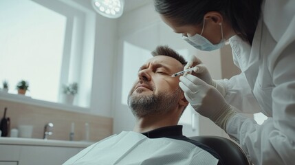 Fototapeta premium Male adult receiving cosmetic injection from female caucasian doctor in clinic setting. Facial Fillers and Cosmetic Injections. Anti-wrinkle injections, Botox and fillers