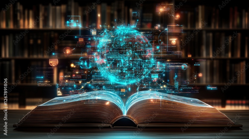 Poster holographic book displaying a self-regenerating infrastructure where ai-driven bots work tirelessly.