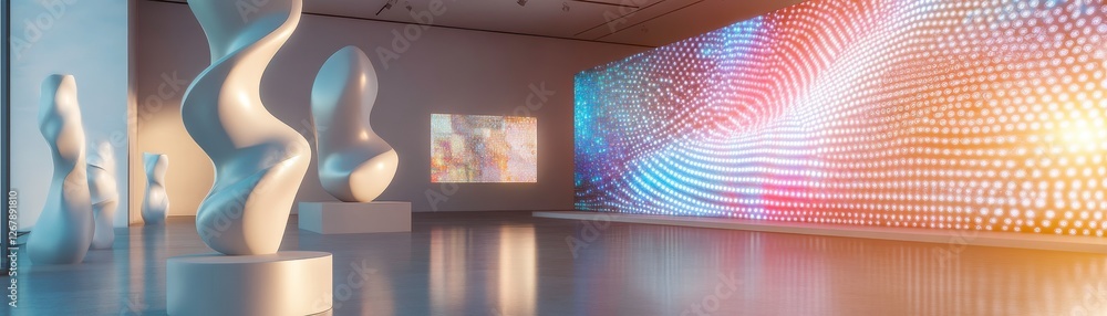 Poster a modern art gallery showcasing abstract sculptures and a vibrant digital display on the wall, creat