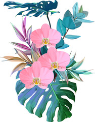 Bouquet of tropical flowers. Hibiscus, orchid, paradise flowers. exotic, tropical