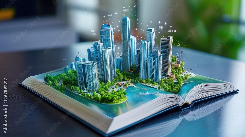 Poster open book embedded with augmented reality, highlighting a self-sustaining city in progress.